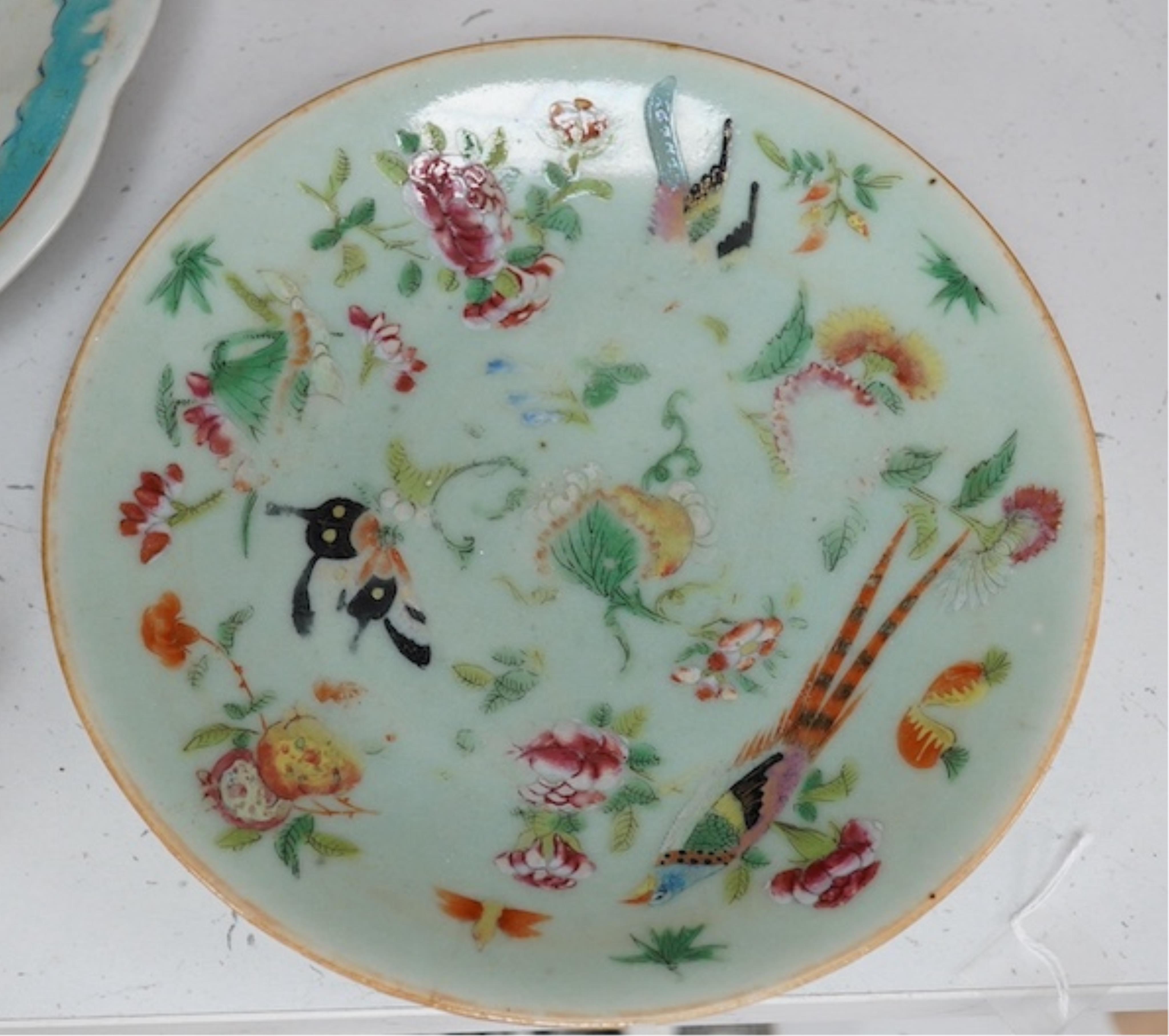 Three Chinese famille rose dishes, late Qing and a famille rose teapot, highest dish 5cm. Condition - fine chip to plate